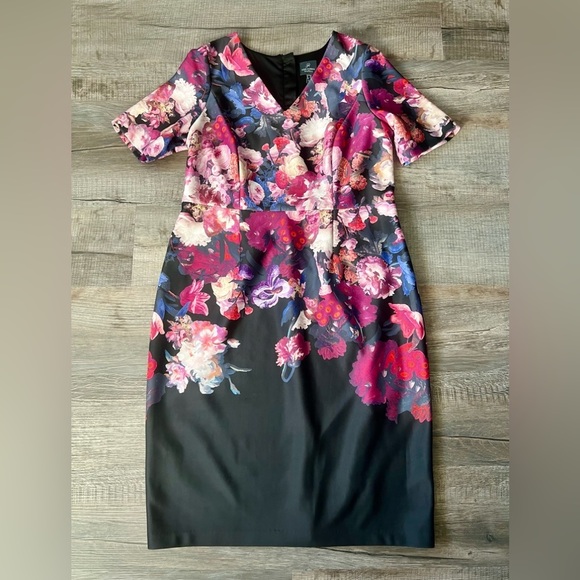 Adrianna Papell Black and Pink Floral Midi Dress - Picture 3 of 6